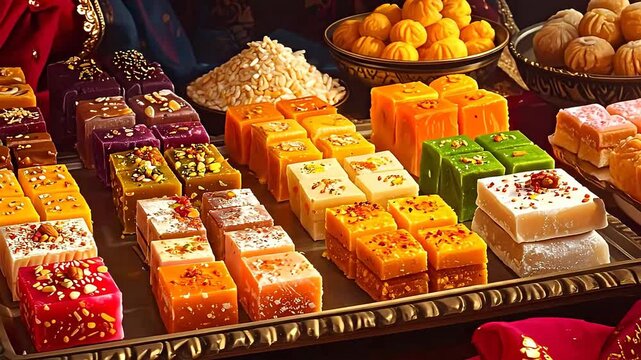 An assortment of colorful and delicious Indian sweets are displayed on a silver tray, ready to be served.