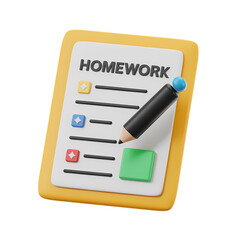 3d render of homework checklist with pencil on a board concept education  . Isolated on transparent background, png