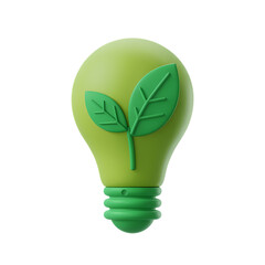 Conceptual illustration of a green light bulb with leaf sprouting out symbolizing environment sustainability and innovation . Isolated on transparent background, png