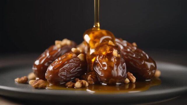  Stuffed Dates with Nuts and Honey Drizzle Against Dark Background