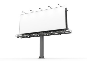 Obraz premium Large Rectangular Outdoor Billboard With Blank White Copy Space Mounted On A Tall Gray Metal Pole With Several Smaller Lights Attached To The Top Frame Against A White Background