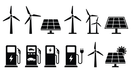 Black icons of wind turbines solar panels and electric car charging stations © NoobCreaTion