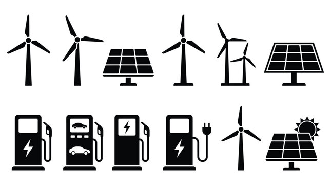 Black icons of wind turbines solar panels and electric car charging stations