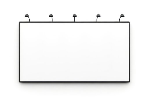 Large Rectangular White Billboard With Black Frame Mounted On A Wall With Top Mounted Lights Isolated White Background