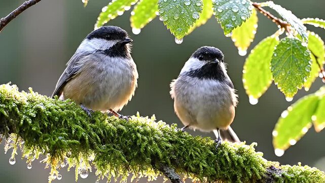 Two Charming Chickadees Perched on Mossy Branch with Glistening Raindrops