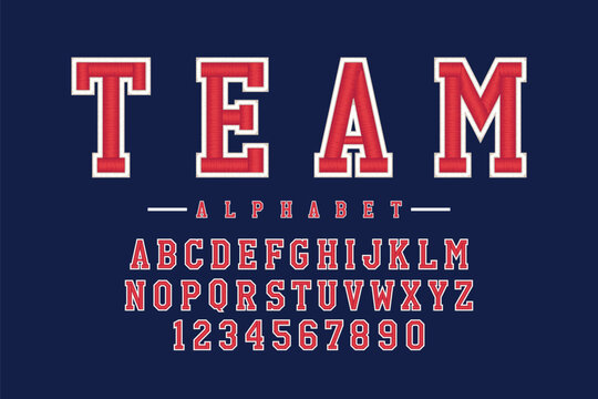 Team college classic font. Vintage sports font in American style for T-shirt designs for football, baseball, and basketball teams. College, school and varsity style font, tackle twill. Vector
