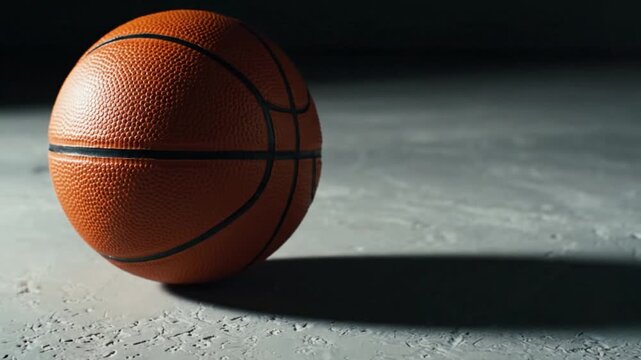 A classic orange basketball is dramatically lit, resting on a rough, textured grey surface. The intricate pebbled pattern of the ball's surface and its distinct black seams are highlighted, creating a