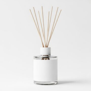 Clear Glass Reed Diffuser Bottle With White Cap And Blank Label Filled With Light Brown Liquid And Tall Brown Reeds Emitting Fragrance Isolated On White Background
