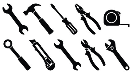 Naklejka premium Collection of black tool silhouettes on white background