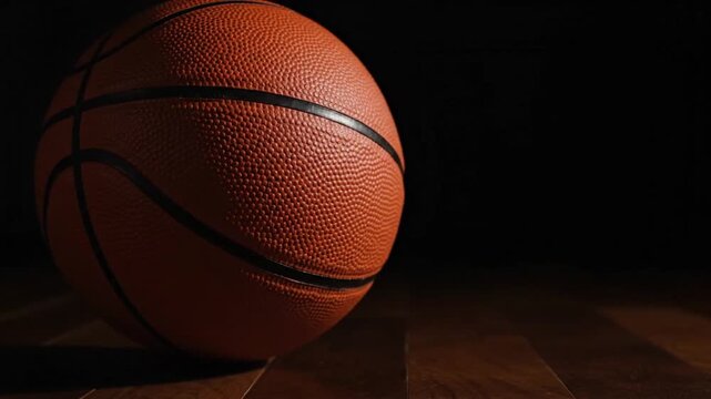 A classic orange-brown basketball rests prominently on a polished wooden court, beautifully illuminated by a dramatic spotlight against a dark, undefined background. The textured surface and strong bl
