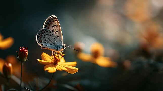 A delicate butterfly with intricate wing patterns gracefully rests on a vibrant yellow flower bathed in soft, warm sunlight, showcasing nature's beauty