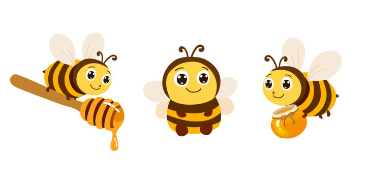 Cute honey bee cartoon characters set with honey dipper and jar vector illustration.