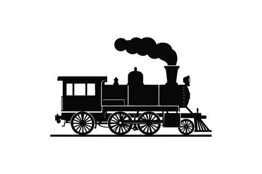 Classic steam locomotive train silhouette, vintage transportation with smoke from smokestack, side view