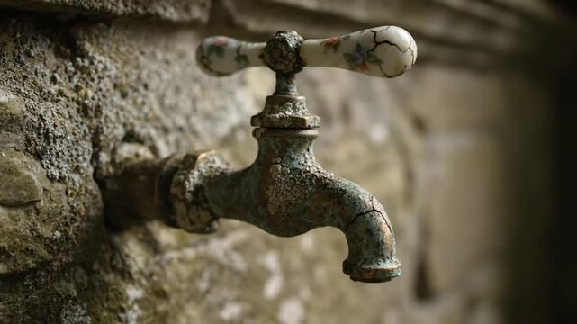 A close-up shot reveals an antique, corroded outdoor faucet, affixed to a textured stone wall. The brass or copper fixture is heavily covered in a striking green patina and white mineral deposits, ind
