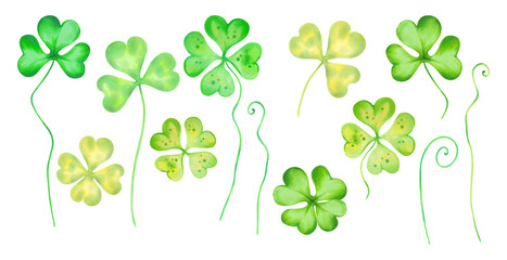 Set of clovers and four-leaf clovers for good luck on St. Patrick's Day. Watercolor illustration. Hand drawn isolated art. Clipart image for the spring botanical holiday, a clover shaped talisman.