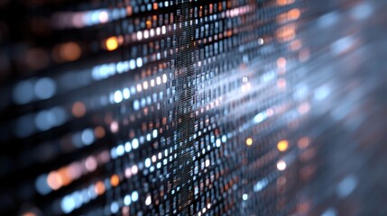 Obraz premium A mesmerizing abstract pattern of glowing dots and lines, a sense of depth and movement in a digital landscape, blurred AI binary screen wall