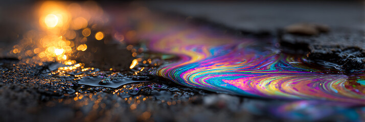 Fototapeta premium Iridescent Oil Slick on Asphalt Reflecting Golden Sunlight, Abstract Pattern of Colors on Wet Road Surface