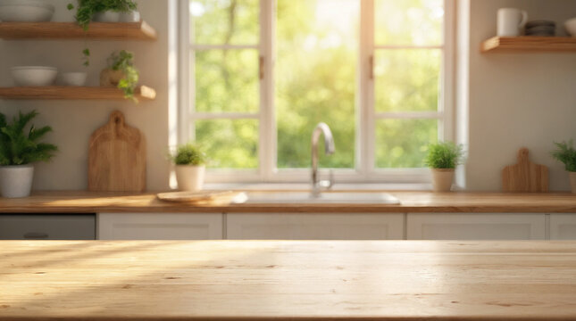 light wooden tabletop in foreground with smooth clean surface kitchen and natural wood grain and modern