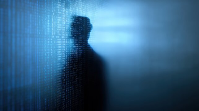 A shadowy figure is seen against a backdrop of binary code, technology, data, and the digital world, blurred AI binary screen wall