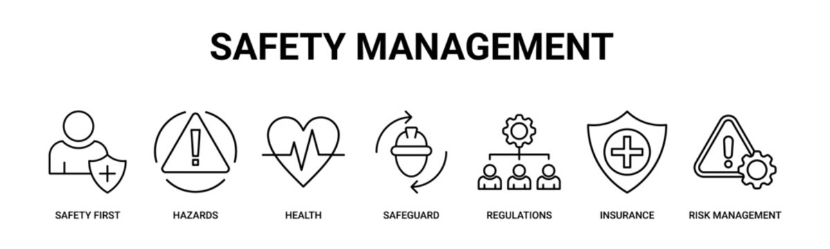 Safety Management web banner icon vector illustration concept with icons of safety first, hazards, health, safeguard, regulations, insurance, risk management.