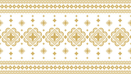 Seamless, traditional tribal pattern in gold, featuring geometric designs and cultural ornaments. Ideal for fashion fabrics, gift wrapping paper, stationery, and decorative surfaces.