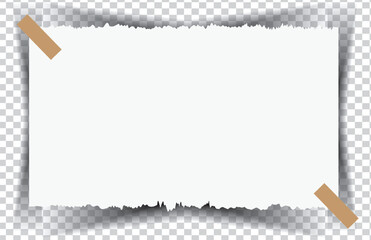 Blank Torn Paper Note with Adhesive Tape and Shadow, Vintage vector frame for text featuring a blank paper letter with a realistic paper clip on a grunge postage stamp border deign, 