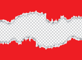 Torn Red Paper Reveal with Transparent Space, red background with white paper, Vector illustration of a red and white background featuring a 3d torn paper design,