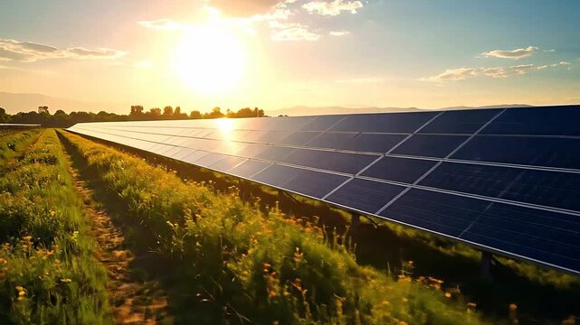 Long rows of solar panels stretch across a field of wildflowers at sunset, providing clean energy.