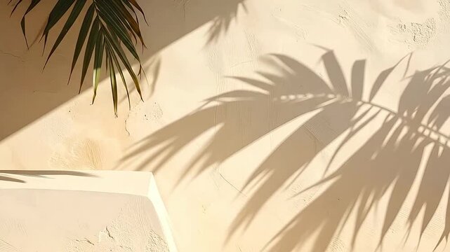 Palm leaf casts a beautiful shadow on a textured wall, creating a serene and tropical background.