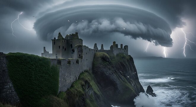 Ruined castle on a cliff overlooking the sea during a violent thunderstorm.