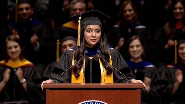 A graduate with a smile stands before a podium, giving a speech