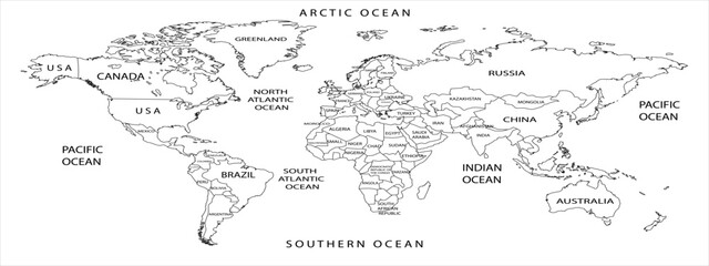 World map outline with country borders and ocean labels, a simple black and white illustration © Esther_Design