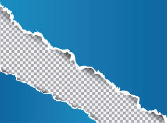 torn paper with blue background, Torn Blue Paper Effect with Transparent Reveal,  A blue torn paper background features a ripped cardboard texture with a grunge edge and empty 