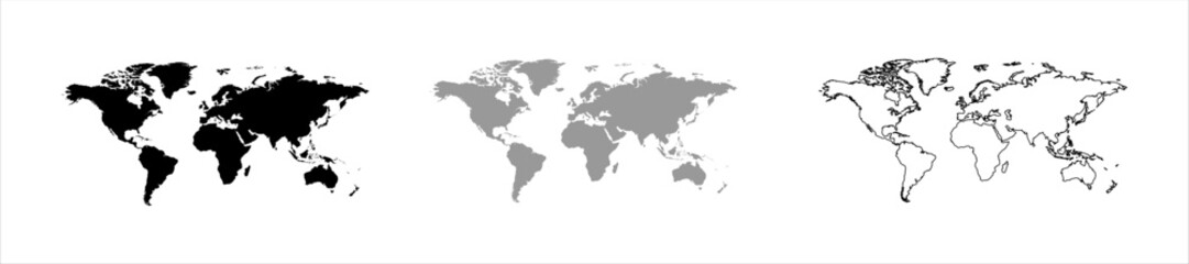 Collection of world maps in black, gray, and outline styles on a white background