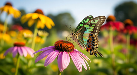 Vibrant butterfly on colorful flowers in lush garden setting