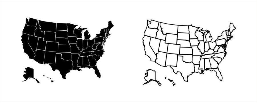 United States map outlines, solid black and line art, showing all 50 states and Alaska and Hawaii
