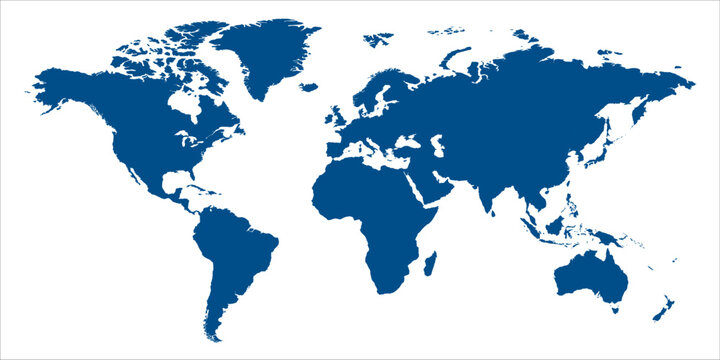 Simple blue world map silhouette on a white background for global concepts