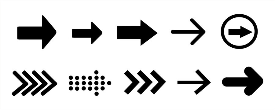 Collection of black arrow icons pointing right in various styles and sizes