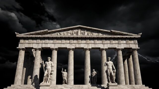A grand, classical structure with ornate detailing is framed against a stormy sky, hosting multiple statues within its pillars. A single lightning bolt appears