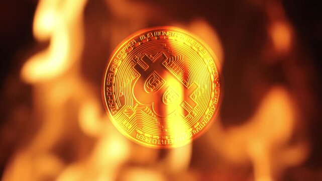 Bitcoin rotates in slow motion against a backdrop of red flames, suggesting a heated market or dramatic declines in financial value and copy space for text