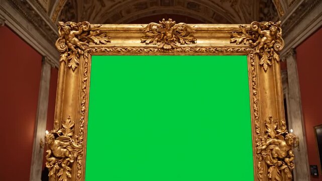 A grand golden frame against a red wall with cherubic sculptures