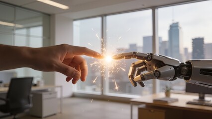Human hand and robotic arm sparking