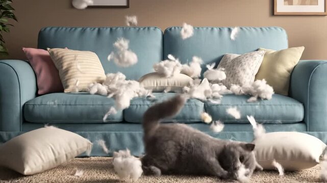 A gray cat jumps on a pillow on a blue couch, fluff in the air