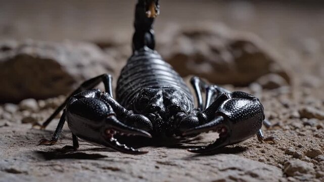 A black scorpion preparing to sting on rocky terrain viewed from a close-up perspective