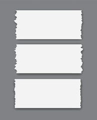 A set of Three Blank Torn Paper Strips with Rough Edges, Set of blank vector paper banners with borders featuring square frame templates and empty sheet designs