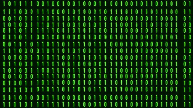 A grid of green binary code on a black background, representing digital information flow