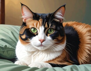 Close-up of a calico cat resting on a green pillow, looking forward