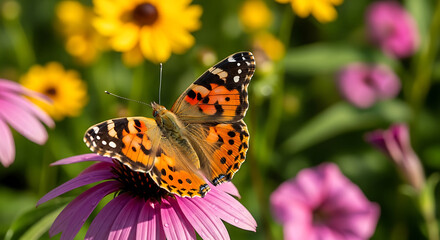 Obraz premium Vibrant butterfly on pink flower in sunny garden with yellow blooms