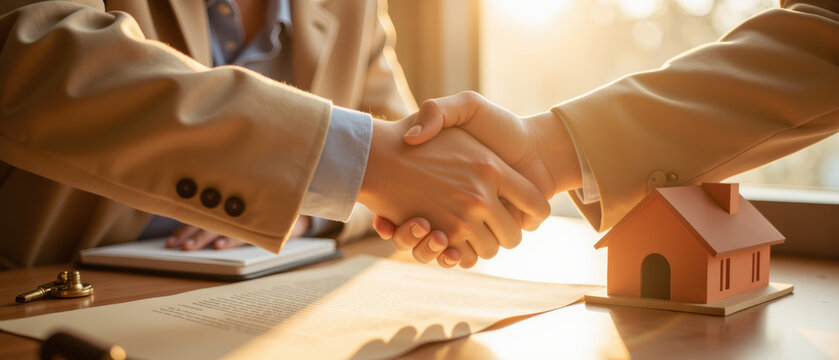 Professional handshake symbolizes agreement and partnership in real estate transaction, with miniature house model representing property
