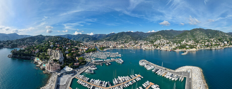 Drone view of the coast at Rapallo on Liguria, Italy